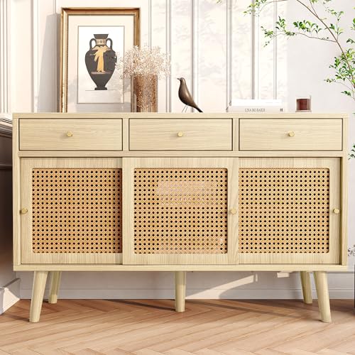 SUKY Sideboard, 120x 40x78cm, Kommode mit 3 Schubladen und 3 Schiebetüren, Rattangeflecht auf den Türfronten, Beine aus massivem Holz, Golden Metall Bügelgriff,verstellbare Ablagen,Eiche SUKY Sideboard, 120x 40x78cm, Kommode mit 3 Schubladen und 3 Schiebetüren, Rattangeflecht auf den Türfronten, Beine aus massivem Holz, Golden Metall Bügelgriff,verstellbare Ablagen,Eiche von SUKY