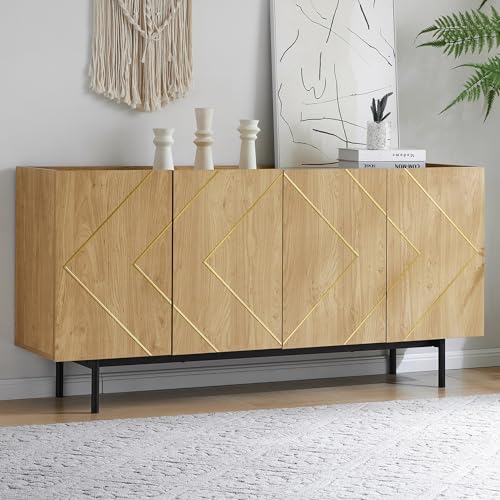 SUKY Sideboard Wohnzimmer, 78 x 160 x 40 cm, Buffet Schrank mit 4 Türen und Metall-Inlay, Vielseitige Kommode, Anrichte, Beistellschrank, Standschrank, Naturholz SUKY Sideboard Wohnzimmer, 78 x 160 x 40 cm, Buffet Schrank mit 4 Türen und Metall-Inlay, Vielseitige Kommode, Anrichte, Beistellschrank, Standschrank, Naturholz von SUKY