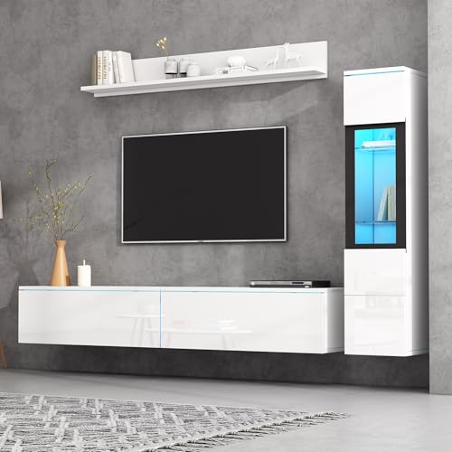 SUKY TV Wohnwand Set 3-teilig LED Beleuchtung Hochglanz Wohnzimmer Möbel Set Frontale Wohnwand TV Schrank, Hängeregal, Wohnzimmer Vitrine, Weiß von SUKY