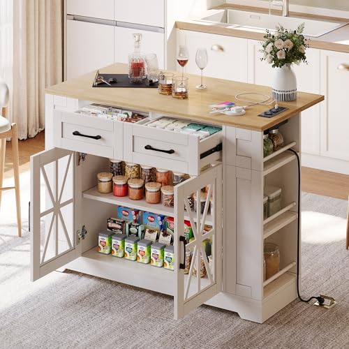 SUKY Tragbare Kücheninsel mit klappbarem Esstisch, offener Ablage, AC-Anschluss, USB-Anschluss, Glastür, verstellbares Laminat, Rollen mit Bremsen für Küche, Esszimmer, mehr und Wohnzimmer von SUKY