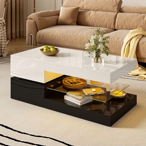 SUKY WhiteModerner Couchtisch, 90 x 45 x 35.5 cm, Glasablage & Hochglanz-Oberfläche, Wohnzimmer (Weiß-Schwarz) von SUKY