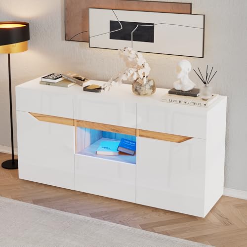 SUKY Wohnzimmeranrichte, 140 x 40 x 70cm, Sideboards Mit 4 Schubladen,Schrank mit Zwei Fächern,breite grifflose Kommode, vielseitig einsetzbar,Hochglanz-Sofa-Beistellschrank mit LED-Beleuchtung von SUKY