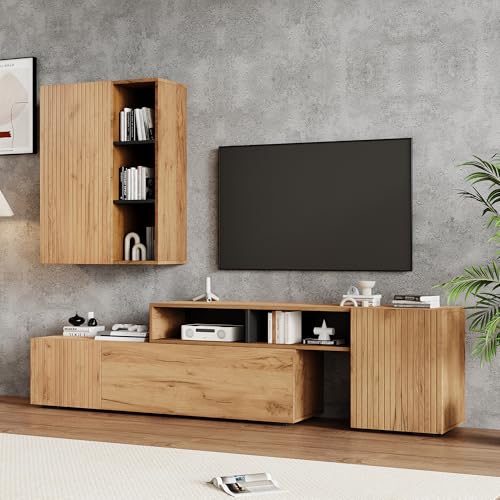 TV Wohnwand-Set mit Vitrine (Komplett-Set, 2-St), Stehend&hängend,Mediawand inkl.TV-Board -Set und Standregal,TV Wohnzimmermöbel-Set,Flexible Länge TV-Schrank, Holzfarbe+Schwarz von SUKY