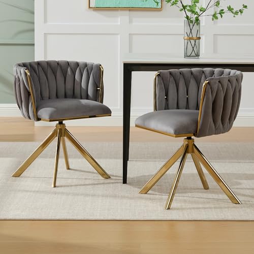 Velourssessel mit Schwerlastmetallgestell, 2er-Set, 180°-Schwenkfunktion, rückengerechte Ergonomie und samtweicher Luxus für ortsflexible Einsätze zwischen Lounge (Grau + Samt + Goldene Beine) von SUKY