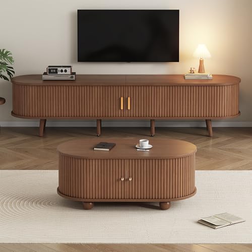 Wohnzimmer-TV-Schrank mit Stauraum + Couchtisch-Kombination, Nussbaum Kombination in Originalholzfarbe, MDF, 2 Set von SUKY