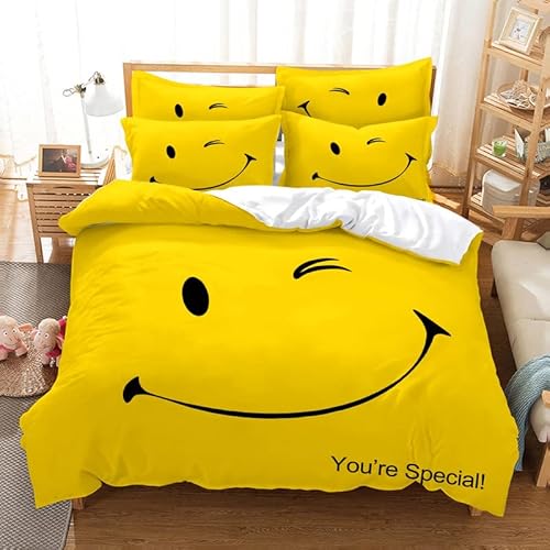 Bettwäsche 200x220 cm Gelber Smiley Premium Bettwäsche mit Reißverschluss Weich Atmungsaktiv Microfaser Kuschelbettwäsche für Kinder Erwachsene Winter, 1 Bettbezug und 2 Kissenbezug 80x80cm von SULATE