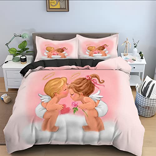 Kinder Bettwäsche 135x200 cm Valentinstag Rosa Engel 3D Bettwäsche 3 Teilig Weich und Atmungsaktiv Bettwäsche Kinder Einzelbett Bettbezug Modern Erwachsene mit Reißverschluss und 2 Kissenbezug 80x80cm von SULATE