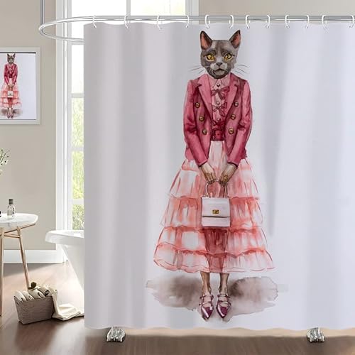 SULATE Duschvorhang Pinke Katze Duschvorhang 200x200 cm 3D Lustig Schimmelfrei Wasserdicht Duschvorhänge mit 12 Duschvorhanghaken und Edelstahl Duschvorhangringe für Badezimmer von SULATE