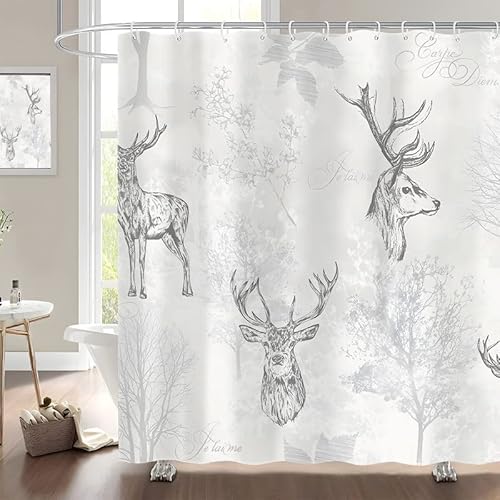 SULATE Duschvorhang WeißEr Hirsch Duschvorhang 240x200 cm aus Polyester Waschbar Textil Stoff Blickdicht Bad Vorhang für Badewanne Dusche Badezimmer mit Duschvorhang Ringe von SULATE