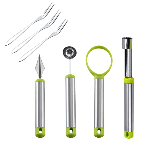 7 Stück Obst Werkzeug Küchenhelfer Set Multifunktion lebensmittelechter Edelstahl Apfelentkerner Melonenausstecher Kugeln Schnitzmesser mit Obstmesser und Obstgabeln für DIY Obstsalate von SULIUDAJI