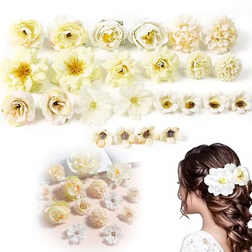 Kunstblumen Köpfe,20 Stück Kunstblumen zum Basteln Weiß Klein Blumenköpfe 2~4cm,Blüten Künstlich blütenköpfe groß Seidenblumen Köpfe Mix für DIY Basteln Scrapbooking Hochzeit Party Home Handwerk Deko von SULIUDAJI