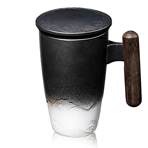 SULIVES Teetasse mit Deckel, Porzellan-Teetasse mit Edelstahl-Teesieb, Farbverlauf, große Keramik-Teetasse, perfekt für Büro und Zuhause, Schwarz 400 ml (Schwarzweiß) von SULIVES