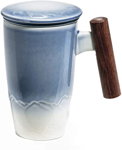 SULIVES Teetasse mit Deckel, Porzellan-Teetasse mit Edelstahl-Teesieb, Farbverlauf, große Keramik-Teetasse, perfekt für Büro und Zuhause, schwarz, 400 ml (blau-weiß) von SULIVES