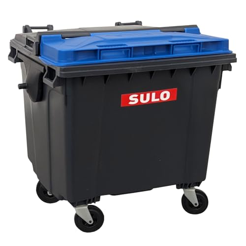 SULO Mini Mülltonne Container 1100L Nachbildung | Tisch-Mülleimer Klein | Desktop Büro Schreibtisch Stifthalter | Grau mit Deckel-Einwurf Blau | Sammlerstück | 18x18x15 cm von Sulo