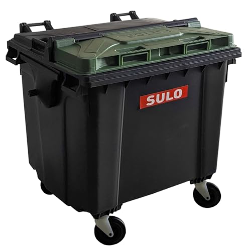 SULO Mini Mülltonne Container 1100L Nachbildung | Tisch-Mülleimer Klein | Desktop Büro Schreibtisch Stifthalter | Grau mit Deckel-Einwurf Grün | Sammlerstück | 18x18x15 cm von Sulo