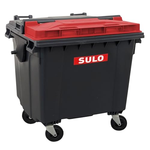 SULO Mini Mülltonne Container 1100L Nachbildung | Tisch-Mülleimer Klein | Desktop Büro Schreibtisch Stifthalter | Grau mit Deckel-Einwurf Rot | Sammlerstück | 18x18x15 cm von Sulo