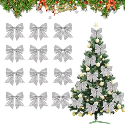 SULOLI 12 Stück Weihnachtsschleifen,Glitzer Weihnachten Bogen Dekorationen,Silber Weihnachtsbaum Bogen für Weihnachtsbaum Weihnachtskranz Tannenbaum Weihnachtsdeko von SULOLI