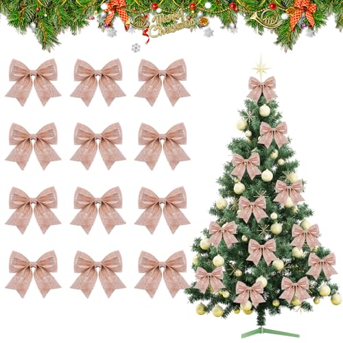 SULOLI 12 Stück Weihnachtsschleifen,Glitzer Weihnachten Bogen Dekorationen,Rosa Weihnachtsbaum Bogen für Weihnachtsbaum Weihnachtskranz Tannenbaum Weihnachtsdeko von SULOLI