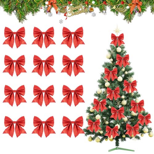 SULOLI 12 Stück Weihnachtsschleifen,Glitzer Weihnachten Bogen Dekorationen,Rot Weihnachtsbaum Bogen für Weihnachtsbaum Weihnachtskranz Tannenbaum Weihnachtsdeko von SULOLI