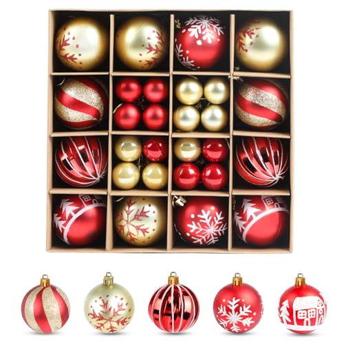 SULOLI 48 Stücke Weihnachtskugeln,6cm Plastik Christbaumkugeln Set,Weihnachtsbaumschmuck mit Aufhänger,Weihnachtsbaum Dekoration Set für Weihnachtsdeko von SULOLI