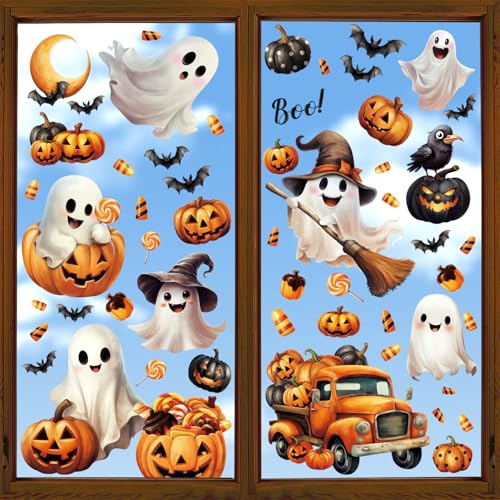 SULOLI 8 Stück Halloween Fensterbilder,Selbstklebend Fensterdeko,3D Halloweensaufkleber mit Kürbisse Geister,Halloween Fenstersticker von SULOLI