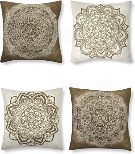 SUMGAR Beige Coffee Mandala Throw Kissenbezüge Frühling Indian Boho Pattern Square Kissenbezüge Bohemian Kissenbezüge für Wohnzimmer Schlafsofa mit unsichtbarem Reißverschluss 40x40cm, 4er Pack von SUMGAR