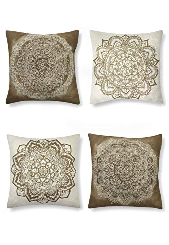 SUMGAR Beige Coffee Mandala Throw Kissenbezüge Frühling Indian Boho Pattern Square Kissenbezüge Bohemian Kissenbezüge für Schlafsofa Auto mit unsichtbarem Reißverschluss 45x45cm 4er Pack von SUMGAR