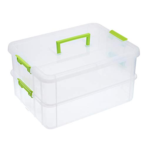 SUMNACON Stapelbare Aufbewahrungsbox mit 2 Ebenen, verstellbar, Kunststoff, mit Tragegriff, transparente Aufbewahrungsboxen für Spielzeug und Basteln, Nähzubehör, Grün von SUMNACON