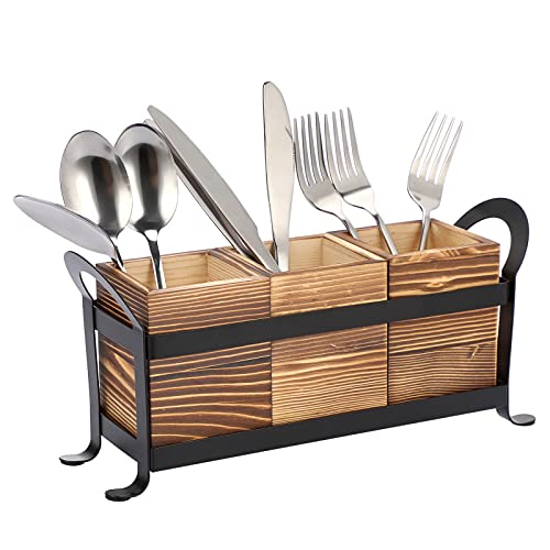 SUMNACON 3-teiliges Besteckkasten Holz Metall Besteckkorb Besteckhalter Utensilienhalter Holzbesteck Metallgestell Löffelhalter Töpferware Organizer Arbeitsplatte Küchentisch Schrank Küche Braun von SUMNACON