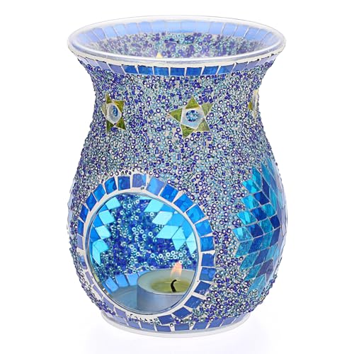 SUMNACON Glass Duftlampe mit Kerzenhalter Teelichthalter Kalebasse Aromalampe Duftlicht Aromabrenner für Duftöl und Duftwachs Mosaik-Muster(Blau) von SUMNACON