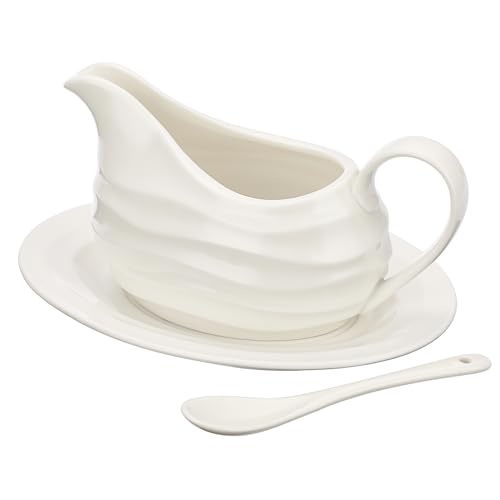 SUMNACON Keramik-Sauciere mit Untertasse, Sauciere mit Tablett und Löffel, Salatdressingschüssel, Brühe Sahnekännchen, schwarzer Pfeffer, Ketchup, Servierkrug mit Griff, für Küche, Restaurant, 370 ml, von SUMNACON