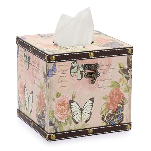 SUMNACON Vintage Taschentuchbox aus Holz PU mit Deckerl Schmetterlingsmotiv Kosmetiktücherboxen Servietten Aufbewahrungsbox für Badezimmer Wohnzimmer Büro Restaurant(Quadrat,Groß) von SUMNACON