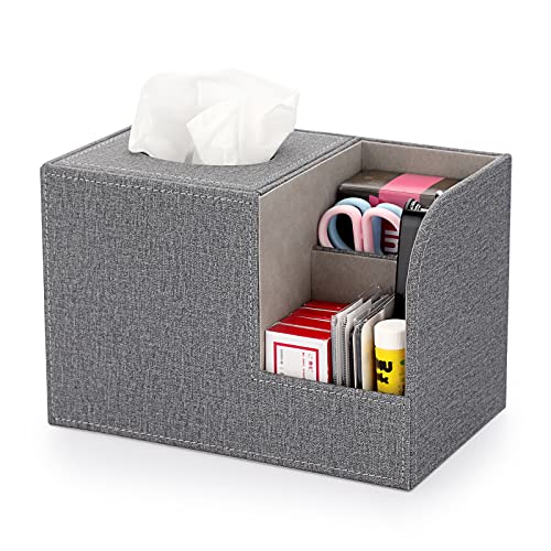 Sumnacon Quadratische Leder-Taschentuchbox-Abdeckung – dekorativer Würfel-Taschentuchbox-Halter mit seitlichem Organizer, moderne PU-Taschentuchbox für Wohnzimmer, Schminktisch, Büro, Grau von SUMNACON