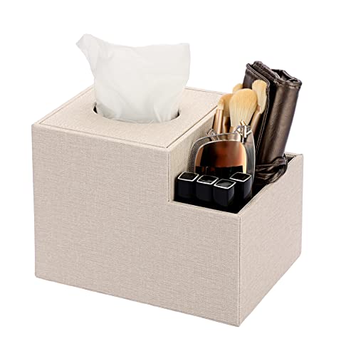Sumnacon Quadratische Taschentuchbox aus Leder – Würfel-Taschentuchbox Halter mit seitlichem Organizer, dekorative PU-Taschentuchbox für Wohnzimmer, Schminktisch, Nachttisch, Büro, Beige von SUMNACON