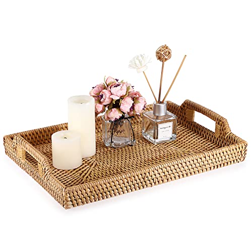 Sumnacon Rechteckiges Serviertablett aus geflochtenem Rattan, mit Griff, Aufbewahrungstablett für Kaffee, Getränke, Frühstück, Tee, Kerze, 34 x 24 cm von SUMNACON