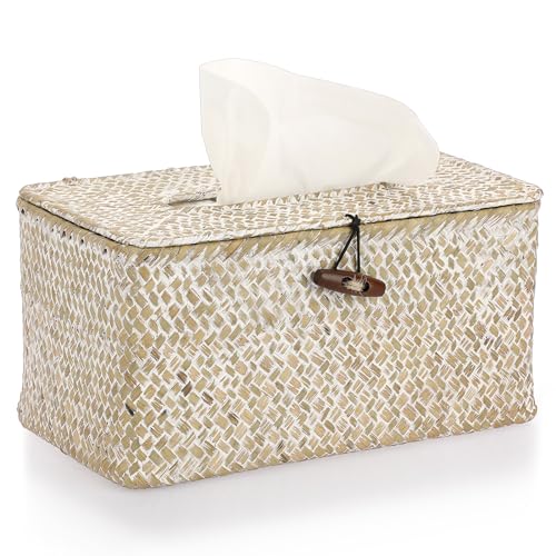 Sumnacon Tissue Box Cover Large Rectangle Tissue Box Seagrass Tissue Box Holder Woven Tissue Holder Decorative Tissue Cover for Bathroom Tissue Box Cover Rectangular for Home Office Table Whitewash von SUMNACON