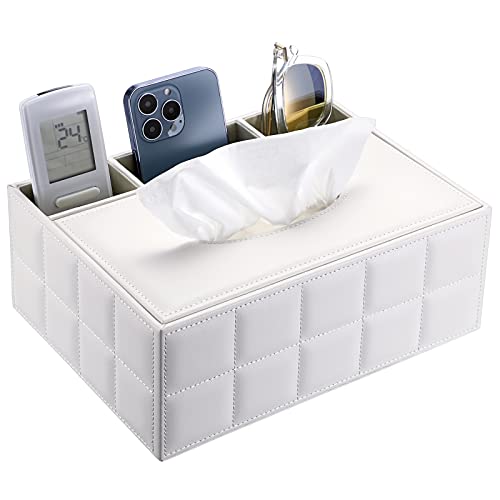 SUMTREE Taschentuchbox aus PU-Leder, rechteckig, Taschentuchspender mit 3 Fächern, Schreibtisch-Organizer für Fernbedienung (weiß) von SUMTree