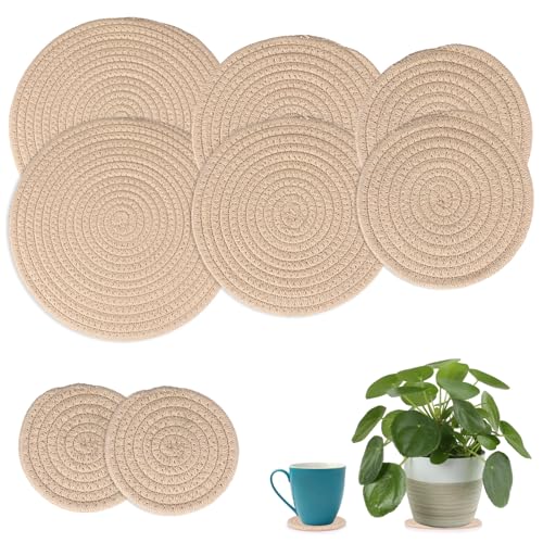 SUMTree 8pcs Rund geflochten Tischsets Baumwollseil Untersetzer, Saugfähig Blumentopf Matten, Hitzebeständig Topfuntersetzer für Tischschutz, Khaki Getränkeuntersetzer, Heimdeko (11cm,15cm,20cm,25cm) von SUMTree
