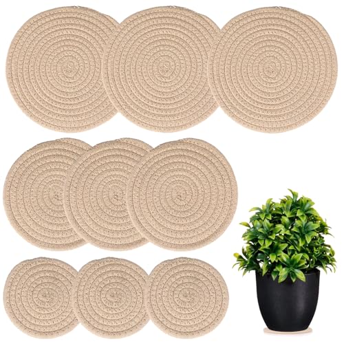 SUMTree 9pcs Rund geflochten Tischsets Baumwollseil Untersetzer, Saugfähig Blumentopf Matten, Hitzebeständig Topfuntersetzer für Tischschutz, Khaki Getränkeuntersetzer abwaschbar (11cm,15cm,20cm) von SUMTree