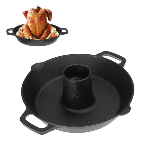 SUMTree Gusseisen Hähnchenbräter Schwarz Gusseiserner Bratentopf Hähnchenhalter für Grill und Backofen Hähnchenständer mit Griff und Nut für Gewürze Spülmaschinenfest Durchmesser 26cm, Höhe 9cm von SUMTree