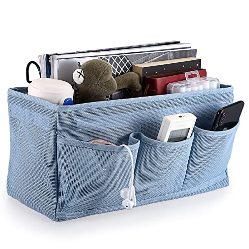 SUMTree Hängender Nachttisch-Organizer, 4 Taschen, Netz-Aufbewahrungsbeutel, Bettkorb und Haken für Handtücher, Telefon, Stifte, Fernbedienung (blau) von SUMTree