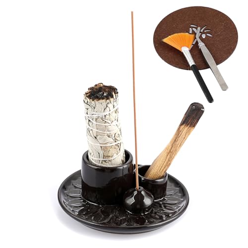 SUMTree Räucherstäbchenhalter aus Keramik Dunkelbraun Räucherschale für Räucherstäbchen, Palo Santo, Weißer Salbei, Aromatherapie Räucherstäbchen Tablett mit Pinzette, mat und Bürste Teardrop Heimdeko von SUMTree