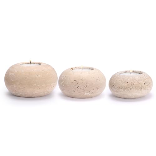 SUMTree Set mit 3 Kerzenhaltern aus Travertin für Teelichter, Kerzenhalter aus Marmor, handgefertigt, für Couchtisch, Beige (D10 + 8 + 7 cm) von SUMTree