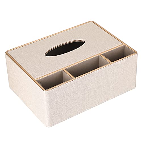 SUMTree Taschentuchbox, Leinen, rechteckig, Spender mit 3 Fächern, Schreibtisch-Organizer für Fernbedienung (beige) von SUMTree