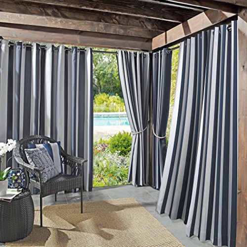 SUN ZERO Valencia 2er-Pack Cabana Streifen-Vorhang für drinnen und draußen, UV-Schutz, energieeffizient, 2 Stück, Polyester, Indigo, 54 Inches x 84 Inches von SUN ZERO