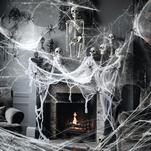 SUNBEAUTY 1000sqft Spinnennetze Halloween Spinnennetz Deko Dehnbare mit 40 Stück Mini Spinnen für Halloween Innen/Außen Party Decor, Garten, Häuser, Tür Fenster, Kamin, Horror Spukhaus, Hof Grusel von SUNBEAUTY