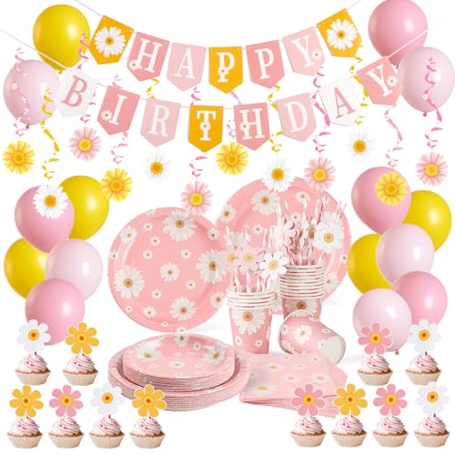 SUNBEAUTY 116 Stück Gänseblümchen Partygeschirr Set,Weiße Gänseblümchen Blumen Geburtstag Party Dekorationen einschließlich Papier Teller Pappbecher Servietten Luftballons für Kinder Geburtstag Party von SUNBEAUTY