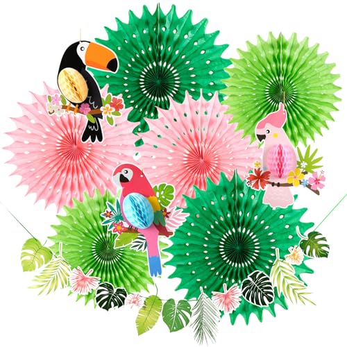 SUNBEAUTY 14 Stück Hawaii Deko Party Deko Gartenparty Enthält 10 x Papier Fächer, 3 x Tropische Vogeldekoration, Hängende Girlande für Geburtstag Deko Grün Sommerdeko Hawaii Party Deko Dschungel Deko von SUNBEAUTY