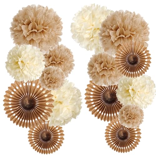 SUNBEAUTY 15 Stück Hochzeitsdeko Vintage Beige Pompons Deko Braun Papier Fächer Boho Party Deko für Wedding Decoration Geburtstag Tischdeko Baby Shower von SUNBEAUTY