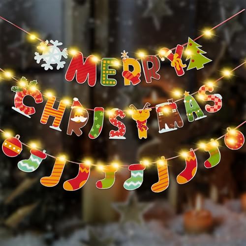 SUNBEAUTY 3 Stück Merry Christmas Girlande mit Lichter Girlanden Weihnachten Deko Hängende Weihnachten Girlande Banner Weihnachtsbaum Santa Elch und Socke Schneemann Banner für Weihnachten von SUNBEAUTY